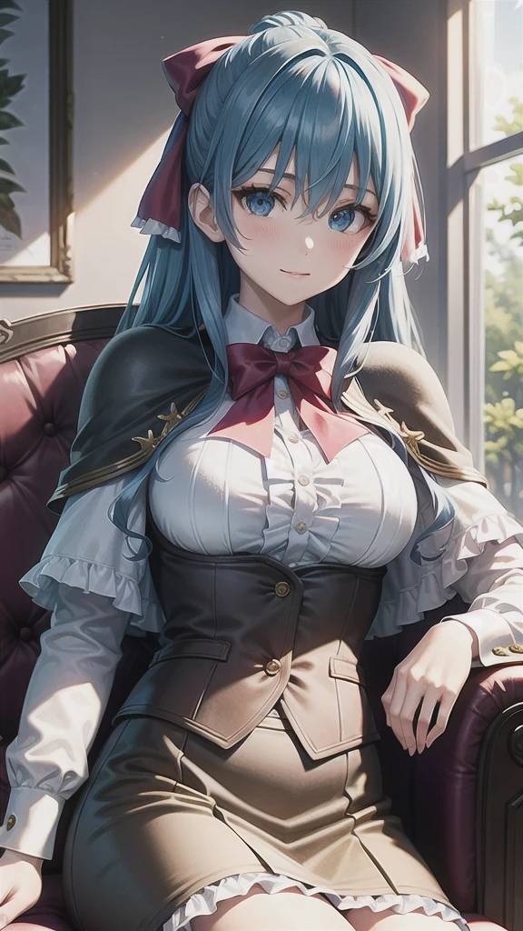 ((((masterpiece, extremely detailed, best quality)))), illustration, indoor, chair, (simple background), (cowboy shot), soft lighting, stylized, (liselottecretia), 1girl, blue hair, (long hair, hair between eyes, hair ribbon), blue eyes, (looking at viewer:1.2), (light smile), (blush:1.2), lower body, (white shirt, red bowtie, frills, brown vest, capelet, skirt), (large breasts:1.2), sitting, sitting on chair