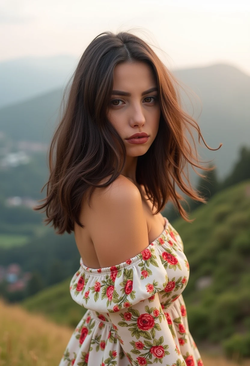 beautiful woman, very long waist-length hair, wearing a floral sun dress, dark hair, dress flowing in the warm breeze of the mountains