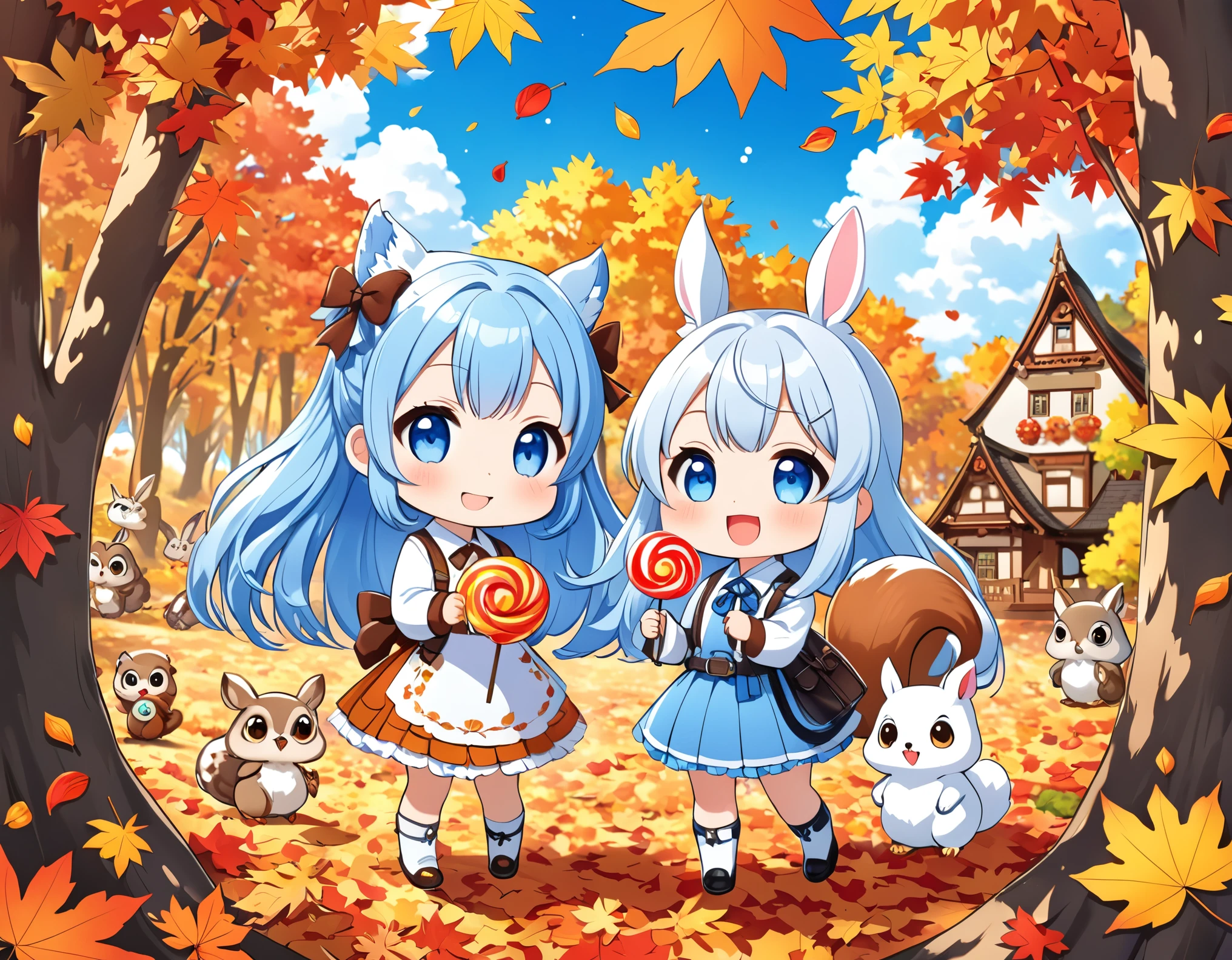 Light blue long hair、Two chibi characters with twin-tail hairstyles、Holding a large round candy、Chupa Chups、smile、In the forest of autumn leaves、Squirrels and rabbits、Pure White Owl、Clear blue sky