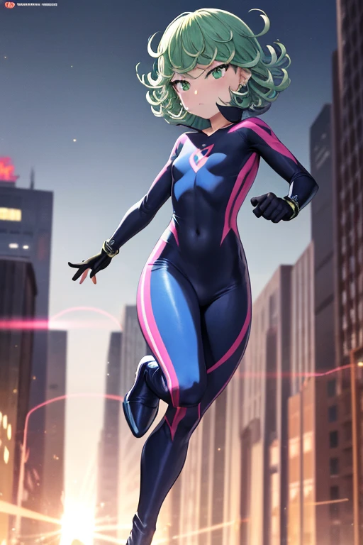 Masterpiece, best quality, ultra detailed, illustration, lighting epic, cinematic composition, 1 girl, Tatsumaki, short hair, green hair, very small breasts, green eyes, bright eyes, blushing, closed mouth, piercing gaze, full body, black collar, tall, slim, athletic, circles on her wrists, pink details, black fingerless gloves, pink wristbands, nanotech speedster suit that resembles light armor, blue chest with an emblem, blue chest, black suit with pink lines, pink speed emblem on her chest, pink emblem, blue pants, gray knee pads, metallic pink boots, white superhero belt, running through the city, pink light trail, laser, city background, anime