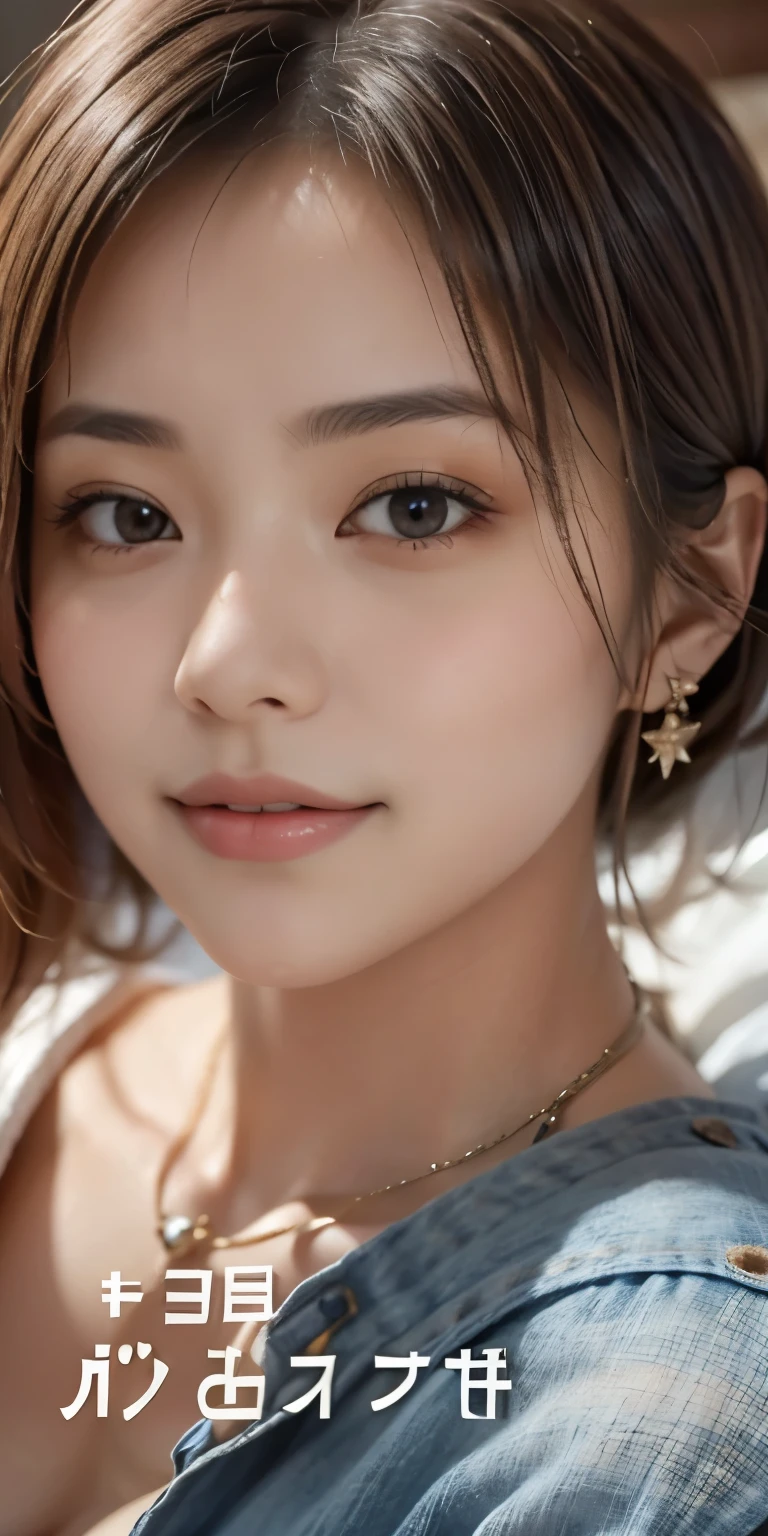 of Misaki,(8k, RAW Photos, Best Quality, masterpiece: 1.2), Very detailed, Super Resolution, (Genuine, Genuine photos: 1.37), Portraiture, High-quality RAW color photos, Professional photography, Very detailedで美new, Very detailed, 8K wallpaper, Amazing details, Large file sizes, Official Art, Very detailed CG Unity 8K wallpaper, Very detailed beautiful girls, Very detailed facesHighly detailed eyes, Very beautiful skin, Very detailed fingers, Very small nose, Very detailed detailed mouth, Perfect Anatomy, Detailed Background, High Quality Clothing,20th Generation, cute girl, Genuineistic body, White skin, Glowing Skin, (Straight bangs: 1.2), smile, cute, Like々new, cute face, Genuineistic face, Delicate eyes, Saggy eyes, Earrings, necklace、Looking into the camera, Embarrassed face、Embarrassed face、Dynamic Lighting,((( C cup breasts,Small breasts)))、(Gorgeous nightclub background１.2)、(Dynamic Sexy Pose 2)、(Gorgeous Theme 2)、(With cleavage 2)、Touch your buttocks with both hands)、(((Transparency、Short denim pants、Short denim pantsを脱ごうとしている、To sexually seduce、)))、Erect nipples are visible、(((Sleeping in bed、Spread your legs)))、(((Shoulder-length hair、Hair sticking out)))