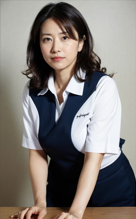 ((Best Quality, 8k, Masterpiece: 1.3)), Photorealistic, Sharp Focus, High Quality, High Definition, Portrait, Solo, Japan, Middle Aged Woman, Beauty, 43 years old, Plump, Wavy Hair, receptionist uniform, Wrinkles at the corners of the eyes:0.5, Narrow backyard, Lots of boxes, Lots of files, Dark background