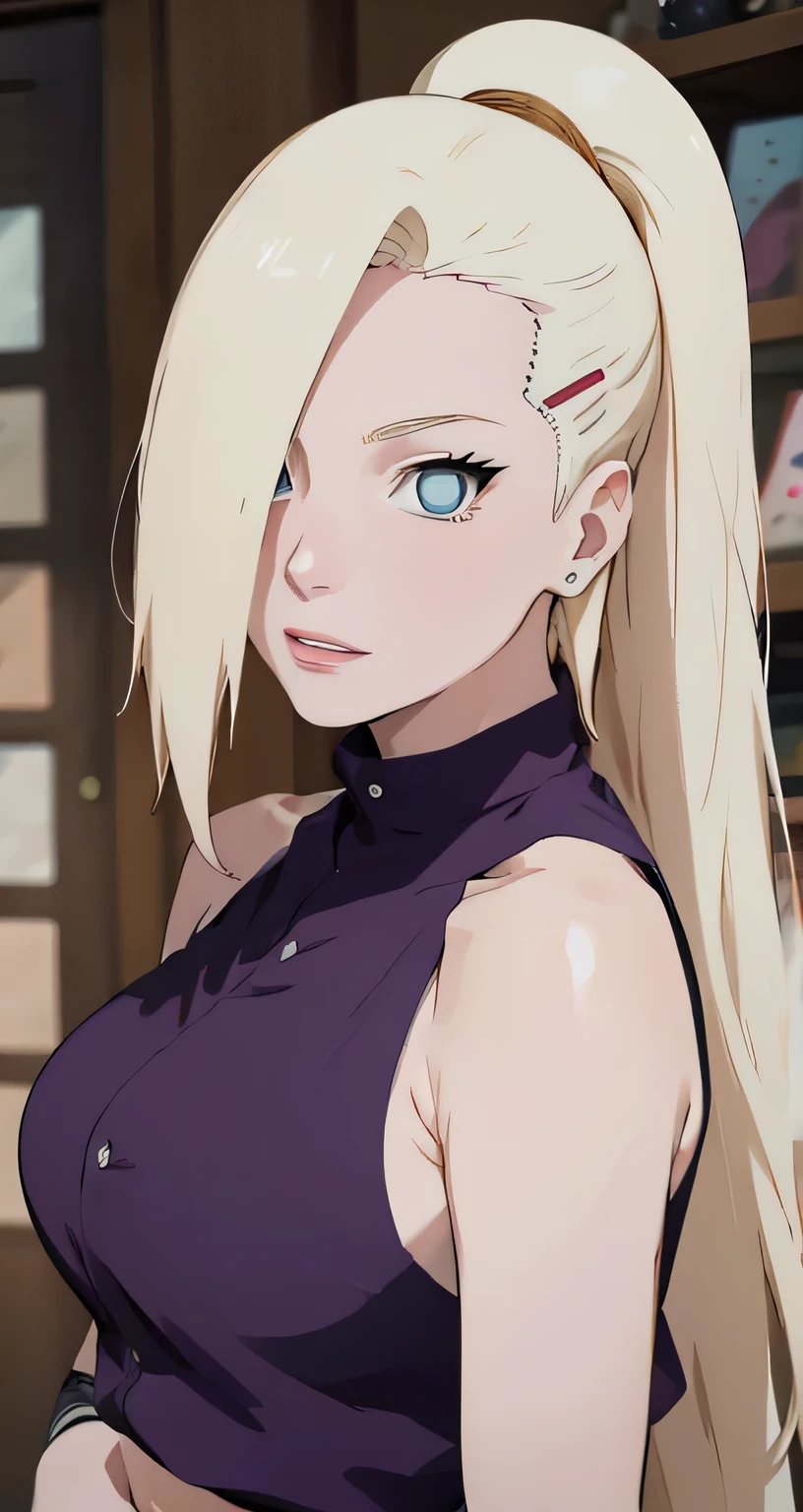 yamanaka ino, purple crop top, sleeveless, shaved armpits, long blonde hair, bangs, masterpiece