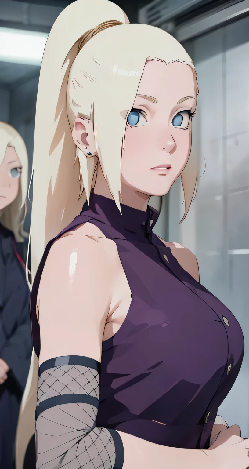 Pale skin, mature woman, elegant, blonde, realism - anime:1.3), Hyuga Hinata anime character from boruto or Naruto, Round breast, Sharp Fokused, high detailed, erotic lips kissing, Focus on the lips, thick shiny lips, very tempting, Great facial expression showing off her Cleverley, half off part is shoulder , from bottom picture, looking up face, The image colors are sharp and striking , tank top 