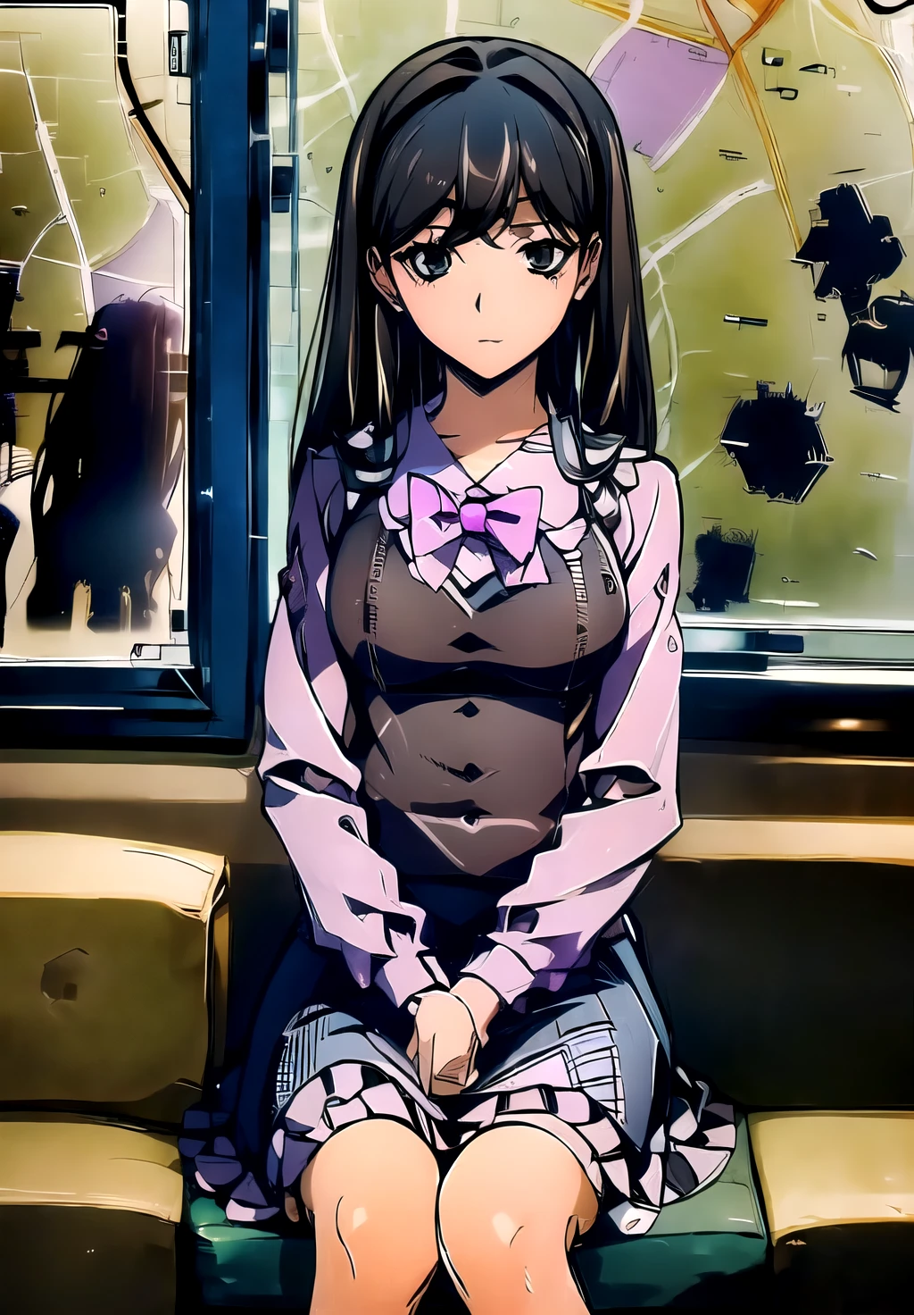 A girl with black hair, violet eyes, medium-large tits, wearing a pastel pink brown ****ta dress was sitting on a chair in the Uzumaki cafeteria drinking tea in an elegant manner. 