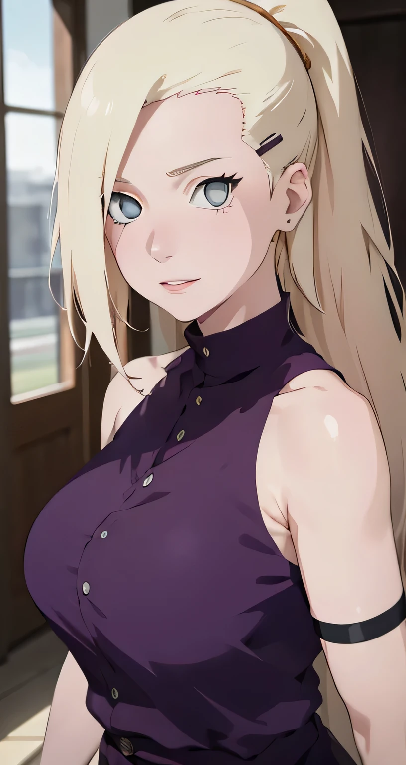 Pale skin, mature woman, elegant, blonde, realism - anime:1.3), Hyuga Hinata anime character from boruto or Naruto, big Round breast, Sharp Fokused, high detailed, erotic lips kissing, Focus on the lips, thick shiny lips, very tempting, Great facial expression showing off her Cleverley, half off part is shoulder , from bottom picture, looking up face, The image colors are sharp and striking , tank top 