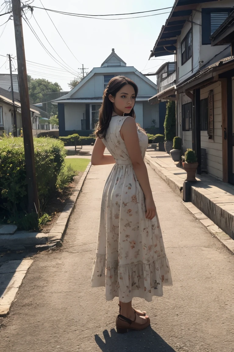 photo of beautiful young female ,dress ,yard
