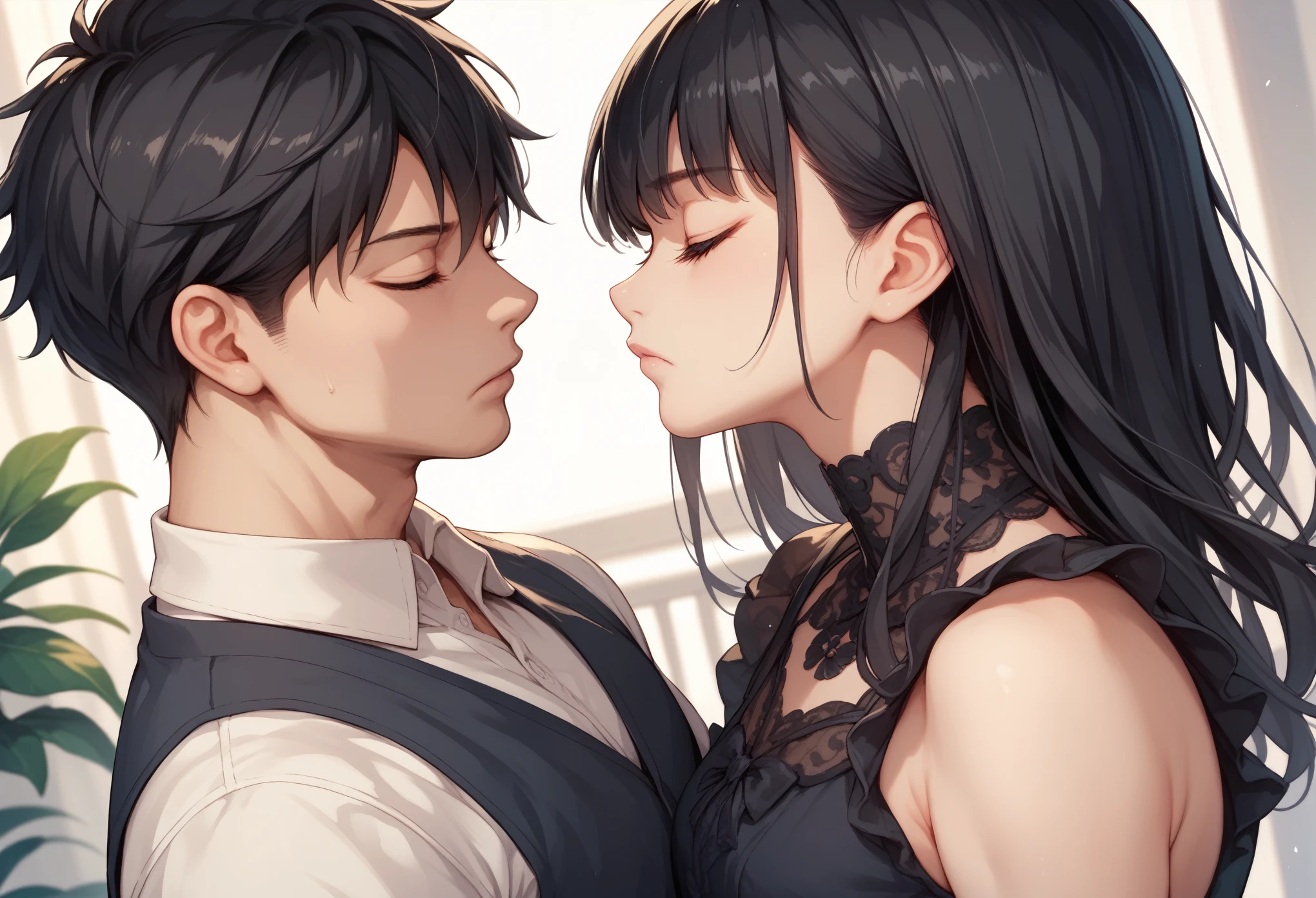 boy with short black hair, black dress, shiny black eyes and a girl, long black hair, with black waist dress, black eyes and pink lips, kissing each other on the lips realistically