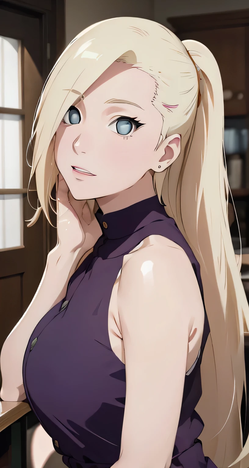 Pale skin, mature woman, elegant, blonde, realism - anime:1.3), Hyuga Hinata anime character from boruto or Naruto, big Round breast, Sharp Fokused, high detailed, erotic lips kissing, Focus on the lips, thick shiny lips, very tempting, Great facial expression showing off her Cleverley, half off part is shoulder , from bottom picture, looking up face, The image colors are sharp and striking , tank top 