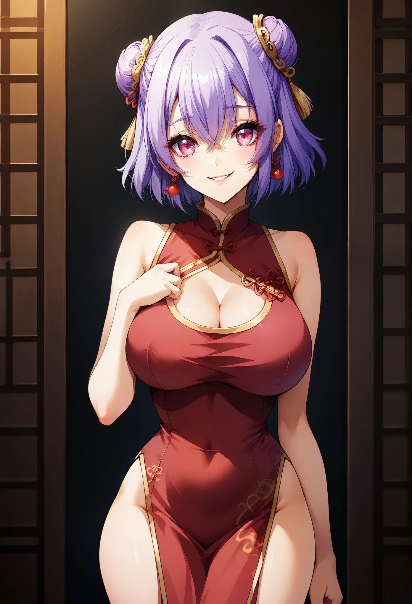 score_9, score_8_up, score_7_up, 1girl, shoulder-length hair, violet hair, pink eyes, curvy body, cleavage, smile, happy, shy, chinese Cheongsam, chinese antique style, ear pendants, chinese palace, solo, looking at viewer