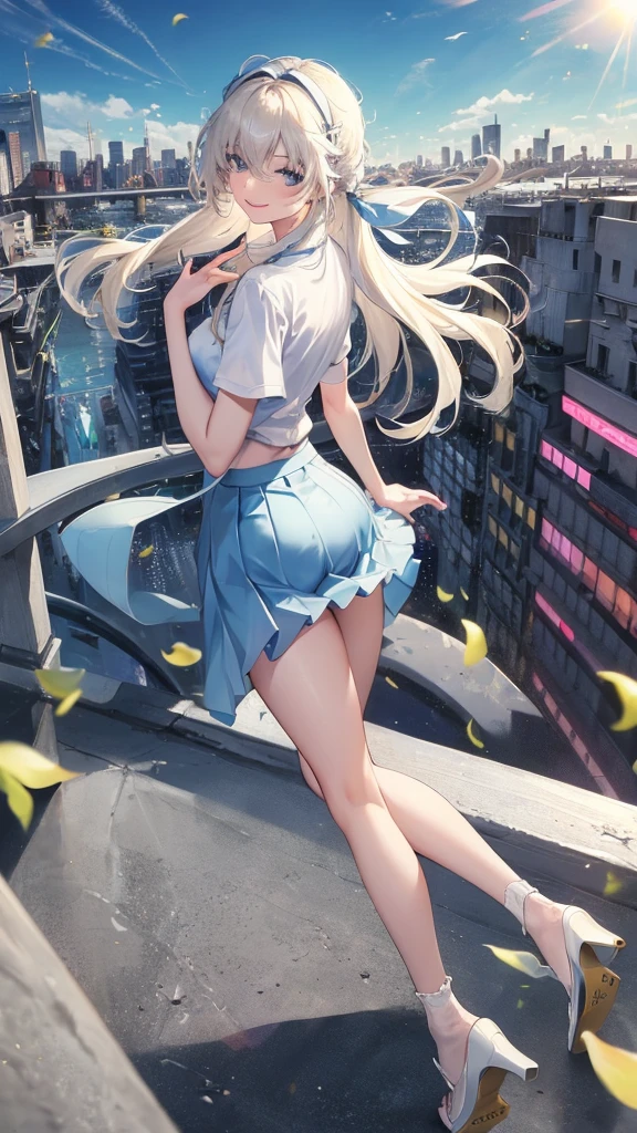 Official Art, masterpiece, Clear focus, (beautiful, Beautiful and cute Korean woman:1.3), (Beautiful and cute Korean:1.3), Korean beauty, Exquisite beautiful hair、Eyes and face, current, Super detailed, beautiful girl, Blue sky, Glowing white particles, (Side Light:1.2), Sunlight, White Cloud, Detailed clouds, Slim, Such a cute big ass, Smile with teeth bared, ((Smile with your eyes, Open your eyes)), landscape, Long straight hair, sexy facial expression, architecture, (city View:1.7), Dynamic Hair, very Long straight hair, Delicate blonde hair, Green Eyes, Pink skirt, Black socks, Pale skin, Hair accessories, epic landscape,,Black high heels,Nice ass,beautiful buttocks,There's nothing under the skirt.,weight loss