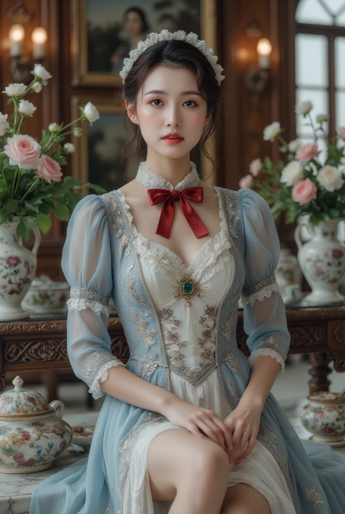 (masterpiece:1.1),(Hyper-Reality:1.0)(Extremely Detailed, Intricate details, high resolution,2.5D:1.1), 8K original photos,high resolution,(Purple_Evergarden:1.29),Best quality, The overall image quality is of the highest standard, rest (deep_Blue_and_White_theme:1.2), (Detailed Maid:1.4), Red_bow tie, Red_hair_Ribbon, Chest_emerald_brooch, crepe_Fabric_Detailed_clothing, Puffs_Long_Detailed_sleeve,Chest brooch, (intricately embroideRed:1.2), Tights, Garter, Lace, Stilettos, rest medium_Chest, Supermodel, Skinny, Willow Waist, Looking at the audience,(cowboy_shooting), rest (Blonde Short Bob), asymmetrical Bangs, short Bangs, Bangs, Longeyelashes, rest (Create a luxurious atmosphere., Luxury rooms, Marble Flooring, Gorgeous oak walls, Decorative wall), Exquisite carpet, decorative plant and flower with luxurious Wedgewood vases, Wall blocks, Photos on the wall, (Detailed餐饮厨房设备, Detailed烹饪设备), (large window with Lace curtain), rest maid seeing her employer off at the entrance,, rest maid serving a cup of teacup on a silver tray,