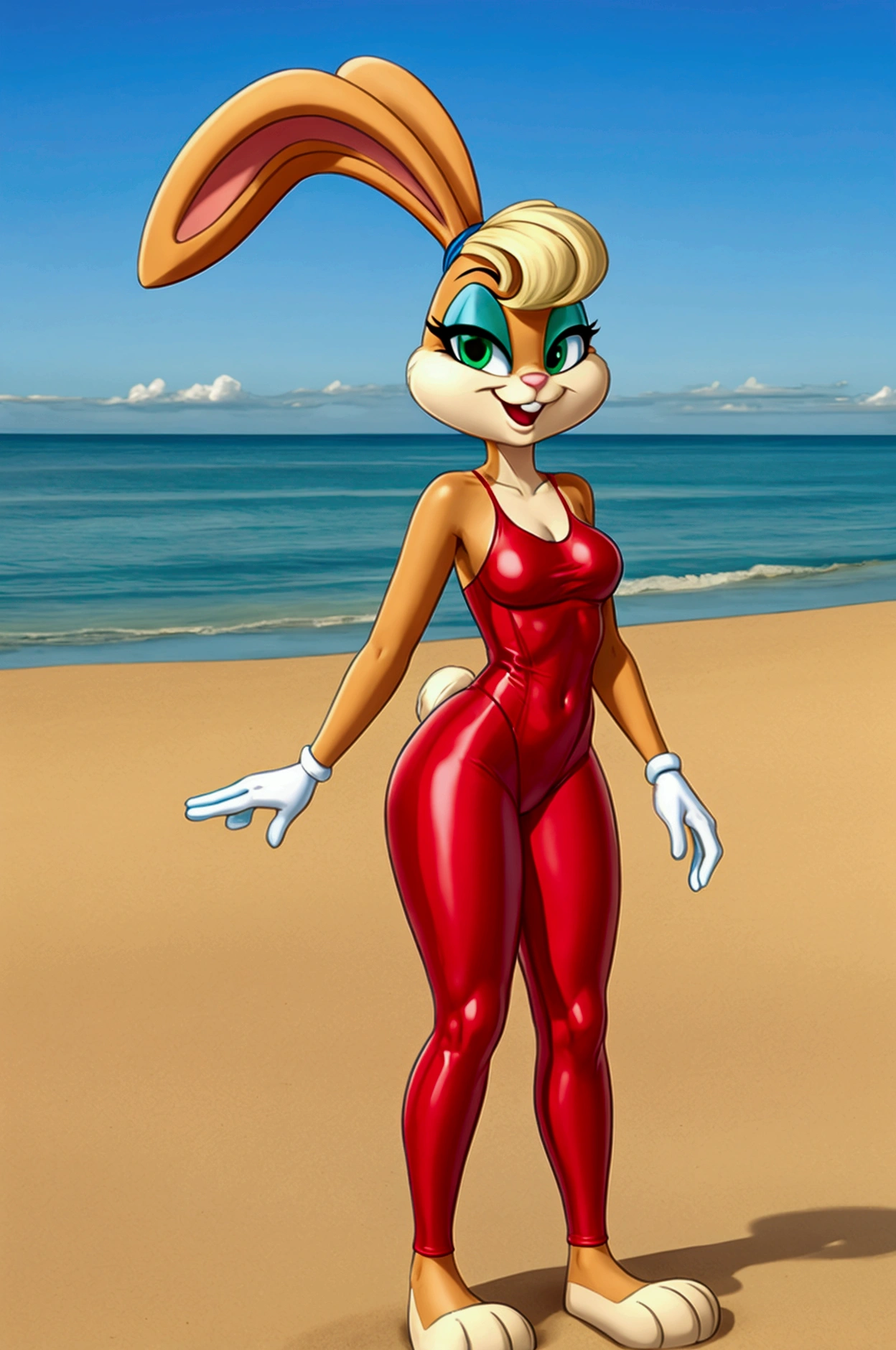 Cartoon bunny full length slim in red lycra swimsuit on the beach with happy face green eyes blue leggings