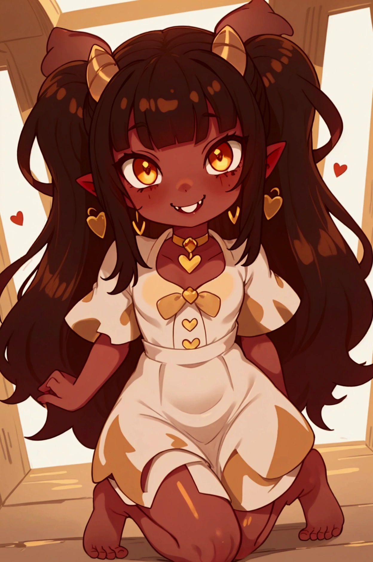 
( tan skin), peach skin, full body, dark black hair, (Brown hazelnut gold eyes,glowing eyes), adorable horns, horns, (demon tail), (heart shaped demon tail), fangs,  bloodlust, bangs, choker, white dress with gold trim, gold heart trim, simple white dress, demon hair bow in hair, gold earrings, evil smile, evil love look, evil eyes, seductive eyes, seductive look, background is a gold castle in hell, devils daughter, barefoot, bare legs, 