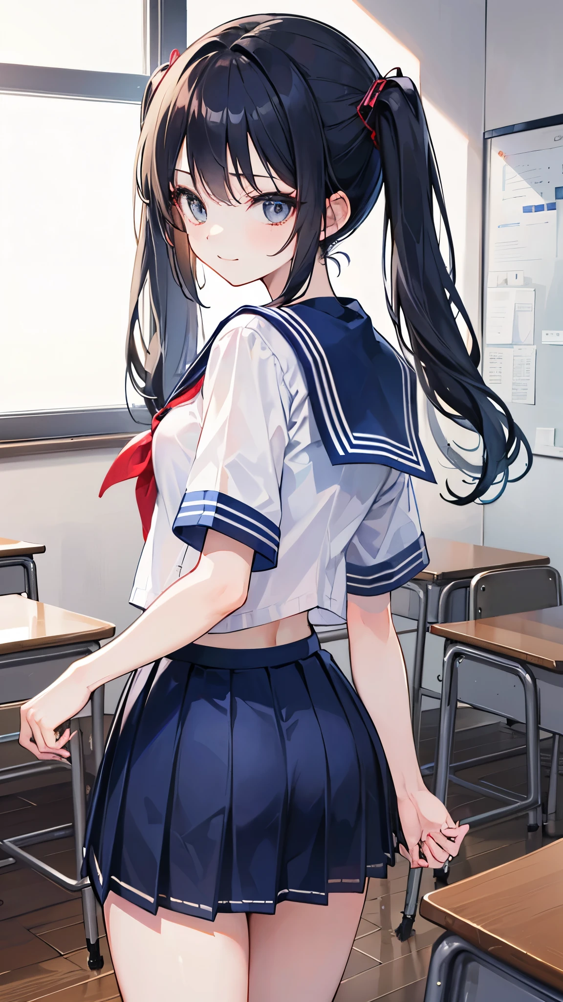 (Highest qualityのイラスト:1.2), (cute女の子:1.1), (1 girl、、Highest qualityのイラスト:1.2), (1 girl、Kind eyes、blue eyes:1.2)、Black Hair、Semi-long hair、(Highest quality、Very detailed、cute、Ultra-high resolution) 、High School Uniform｛Sailor suit、Red neckerchief、Short sleeve、Pleated skirt)、Large Breasts、Stylish, from side, whole body