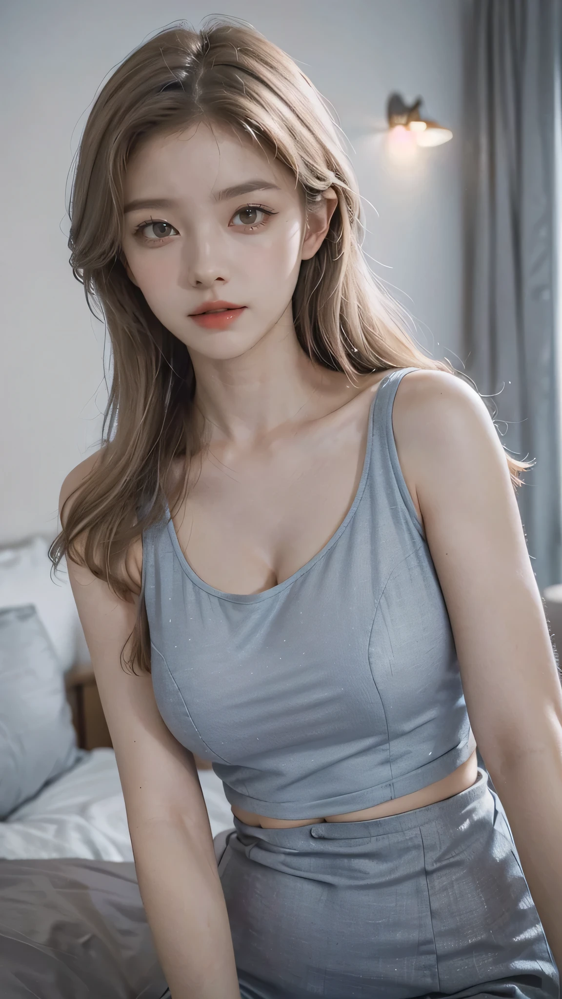 dark blonde、blue eyes、half length、The hair is wavy、Styling hair、Slender but well-proportioned muscles、a smile、wearing a camisole、wear high heel shoes、Wearing low-rise pants,The ground is cobblestone、a smile、Breasts are big、