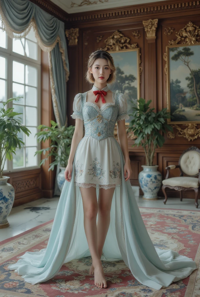 (masterpiece:1.1),(Hyper-Reality:1.0)(Extremely Detailed, Intricate details, high resolution,2.5D:1.1), 8K original photos,high resolution,(Purple_Evergarden:1.29),Best quality, The overall image quality is of the highest standard, rest (deep_Blue_and_White_theme:1.2), (Detailed Maid:1.4), Red_bow tie, Red_hair_Ribbon, Chest_emerald_brooch, crepe_Fabric_Detailed_clothing, Puffs_Long_Detailed_sleeve,Chest brooch, (intricately embroideRed:1.2), Tights, Garter, Lace, Stilettos, rest largest_Chest, Supermodel, plump, Willow Waist, Looking at the audience,(cowboy_shooting), Thigh，rest (Blonde Short Bob), asymmetrical Bangs, short Bangs, Bangs, Longeyelashes, rest (Create a luxurious atmosphere., Luxury rooms, Marble Flooring, Gorgeous oak walls, Decorative wall), Exquisite carpet, decorative plant and flower with luxurious Wedgewood vases, Wall blocks, Photos on the wall, (Detailed餐饮厨房设备, Detailed烹饪设备), (large window with Lace curtain), rest maid seeing her employer off at the entrance,, rest maid serving a cup of teacup on a silver tray,