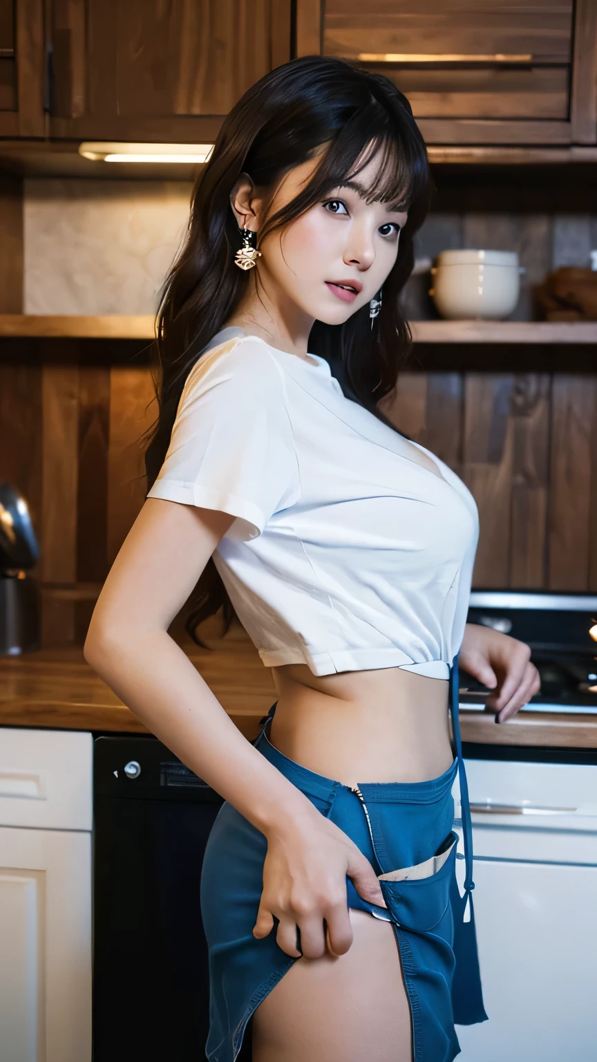 Chinese woman in the kitchen，Cook，Cook，cooking a，voluminous hair，Delicate face，Vivid，Real girls，largeaperture，white short sleeve，short white pants，macro shot，slightly fat big breasts，plump，sexy for，Looking at you，good eyes looking，The is standing，Very plump，very Bigger breasts，Fat woman，