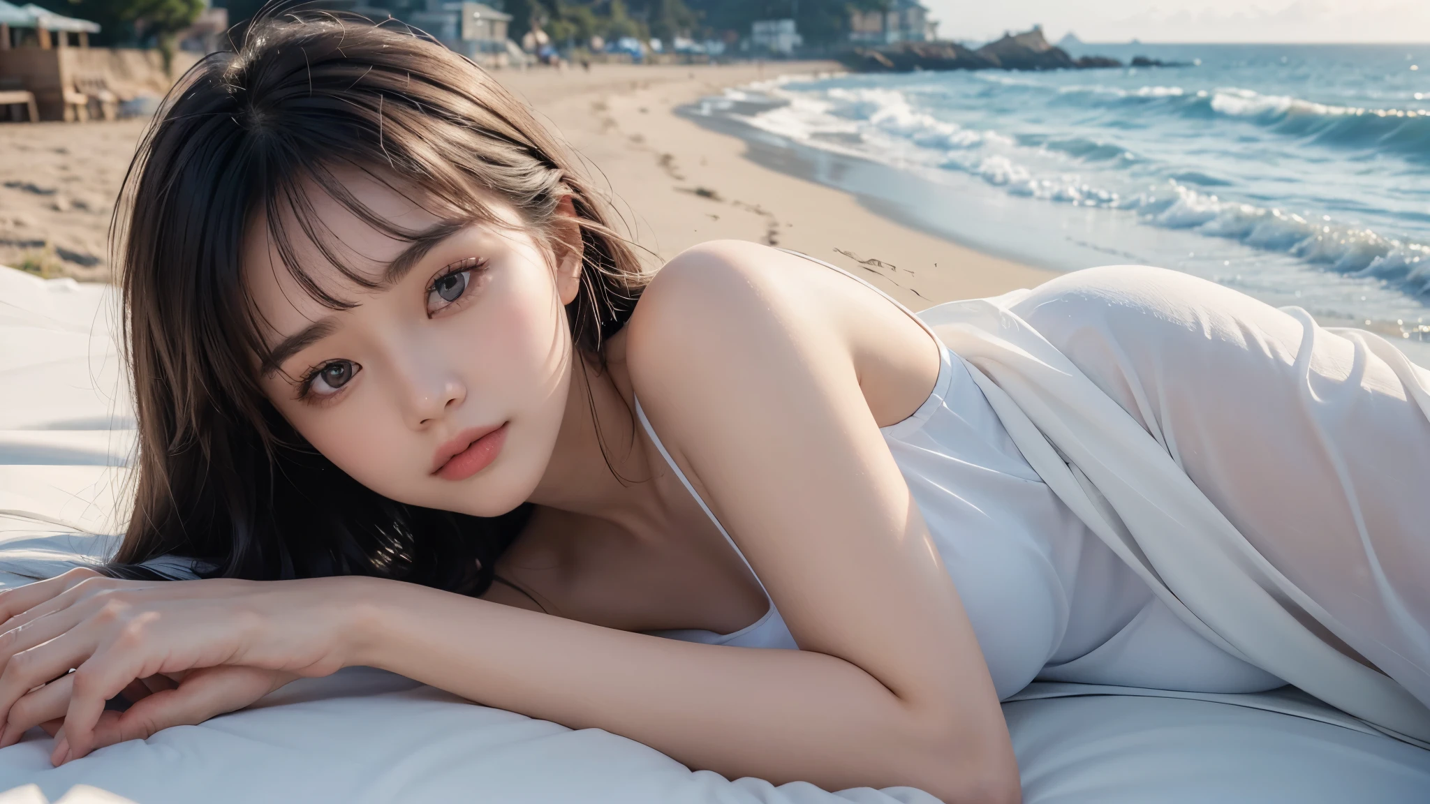masutepiece, Best Quality, Illustration, Ultra-detailed, finely detail, hight resolution, 8K Wallpaper, Perfect dynamic composition, Beautiful detailed eyes , the beach, Sexy face,Face feeling ???????,Face at the peak of sexual arousal,Face feeling having sex