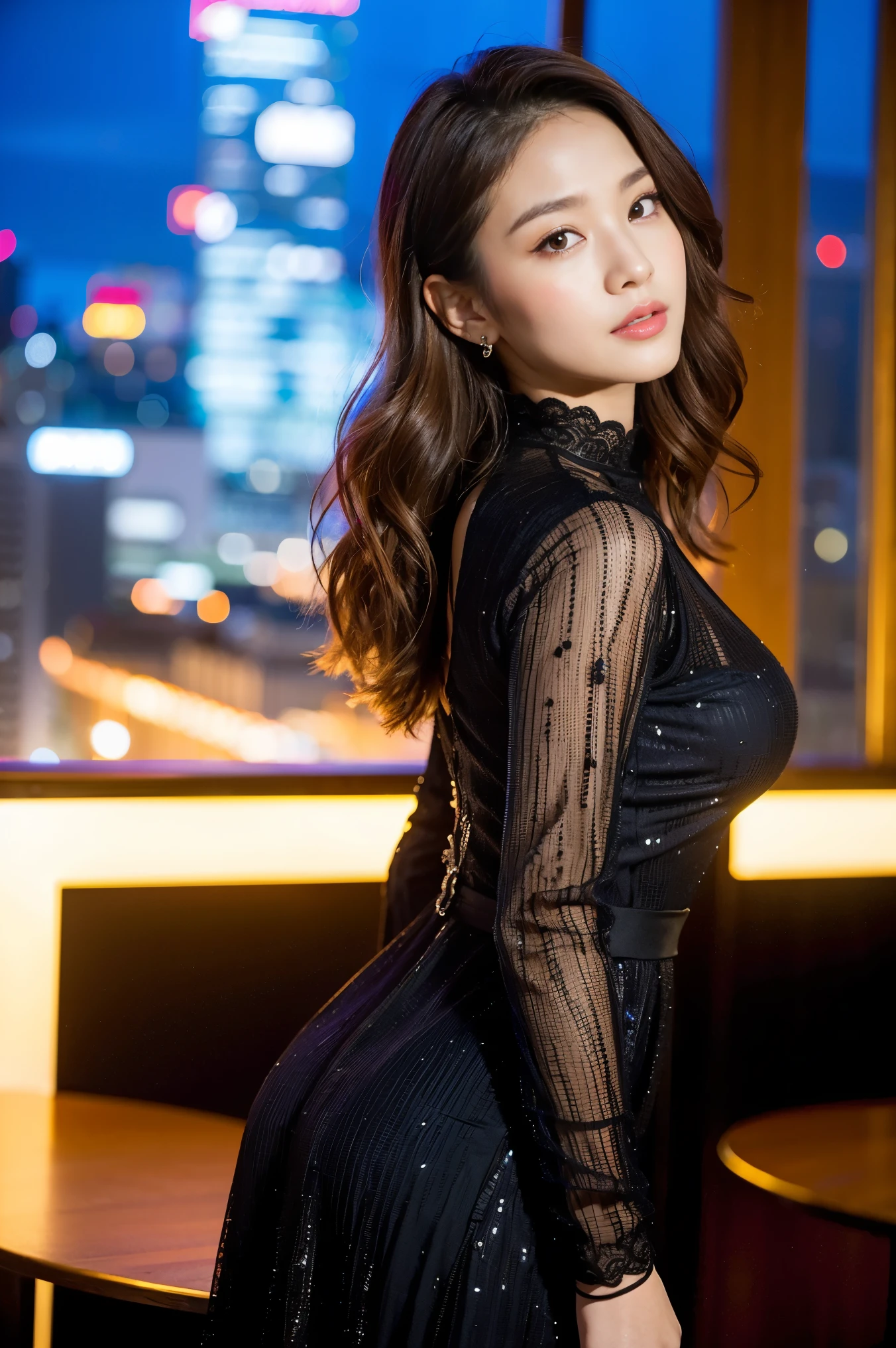 ((Midnight, Best quality, 8k, Masterpiece :1.3, Photorealistic:)), Whole body, Long legs, Ultra High Resolution, Sharp focus :1.2, A pretty woman with perfect figure :1.4, Slender abs :1.1, ((Dark brown hair, Big breasts :1.2)), (sexy dress, thighs,, standing in outside, from behind, showing ass, night sky, skyline), Highly detailed face and skin texture, Detailed eyes, Double eyelid,