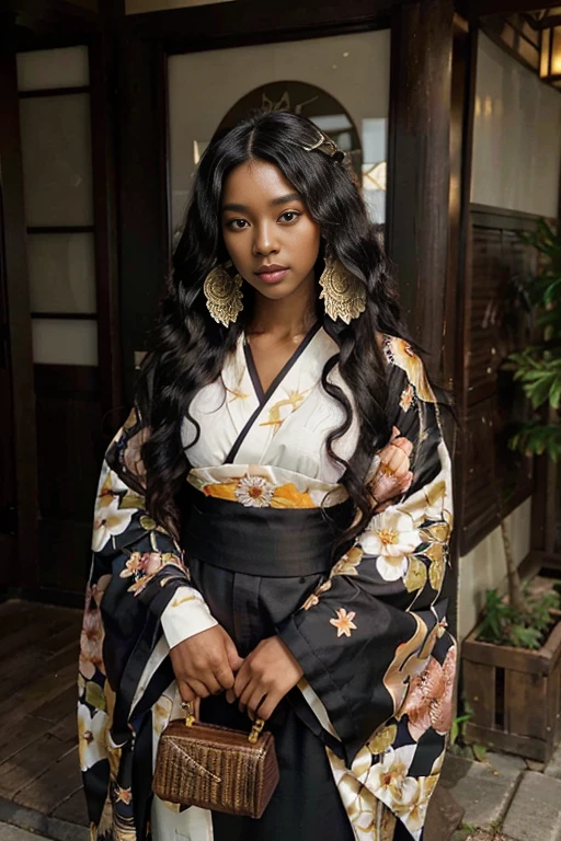 masterpiece, best quality, beautiful African and Asian mixed 19 year old, ebony skin female, long, frizzy, curly dark hair, perfect face, long hair, melanin, curly hair, wearing kimono_clothes