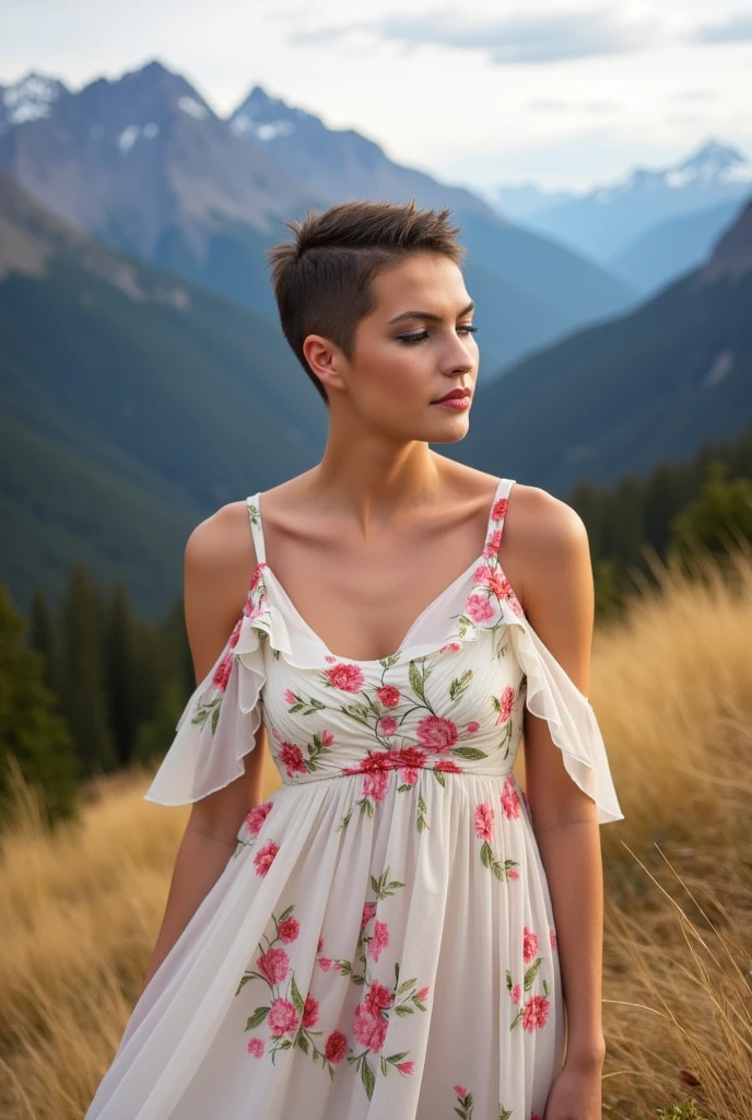 beautiful woman, short severely shaved undercut hair, wearing a floral sun dress, very short dark hair, dress flowing in the warm breeze of the mountains
