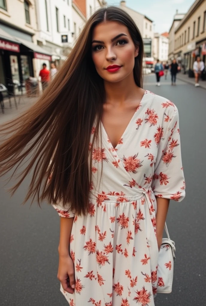 beautiful woman, very long waist-length hair, wearing a floral sun dress, dark hair, dress flowing in the warm breeze of the city.
