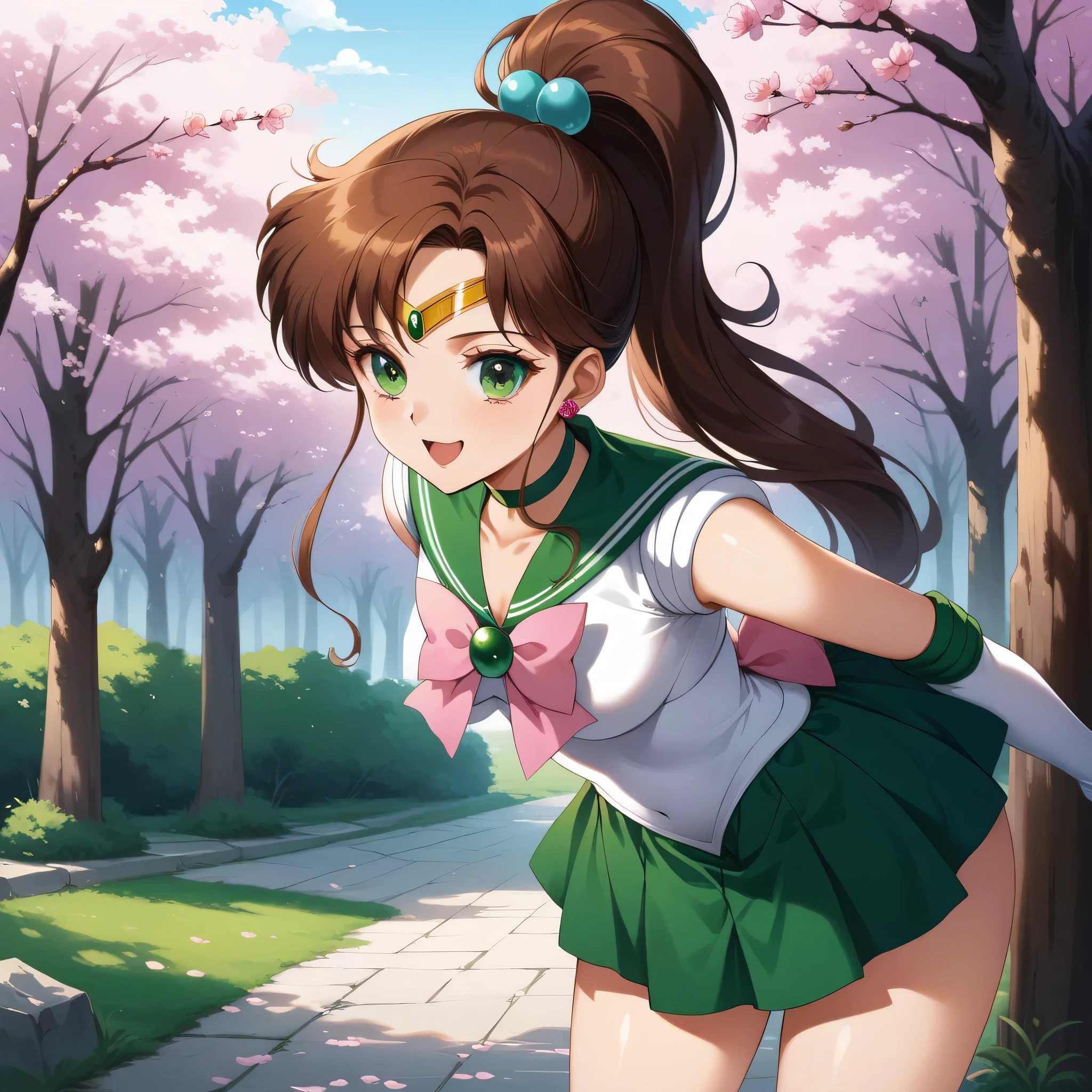 (masterpiece, best quality, very aesthetic, ultra detailed), intricate details, 4k, aajupiter, long hair, ponytail, hair bobbles, tiara, earrings, green eyes, green choker, green sailor collar, pink bowtie, white shirt, white leotard, elbow gloves, white gloves, green skirt, pink bow, smile, open mouth, arms behind back, cherry blossoms, standing, cowboy shot, outdoors, leaning forward, bent over