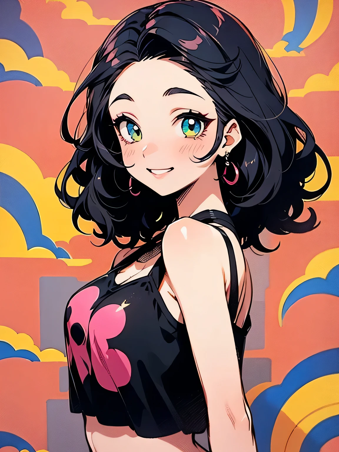 sideview,Alone,upperbody,(black color wavy medium halfup hairstyle),(((sideburn:1.3))),((big forehead,short curly sidebangs)),makeup,pink eyeshadow,eyelash,(rouge sexy lips),grin,offshoulder,White long stole、((halter neck tanktop)),Black stretch shorts、dancer、Beautiful thighs、Fascinating Charisma、Alluring、(manga style),(sketch),(illustration),