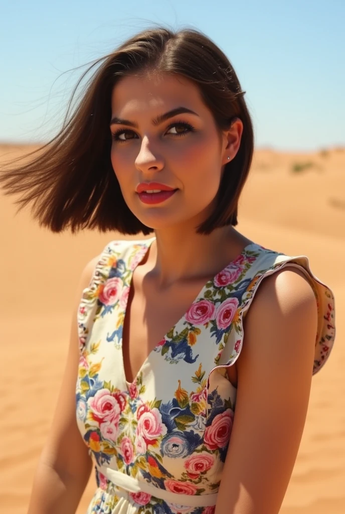 beautiful woman, short lip-length bob hair, wearing a floral sun dress, very short dark hair, dress flowing in the warm breeze of the desert
