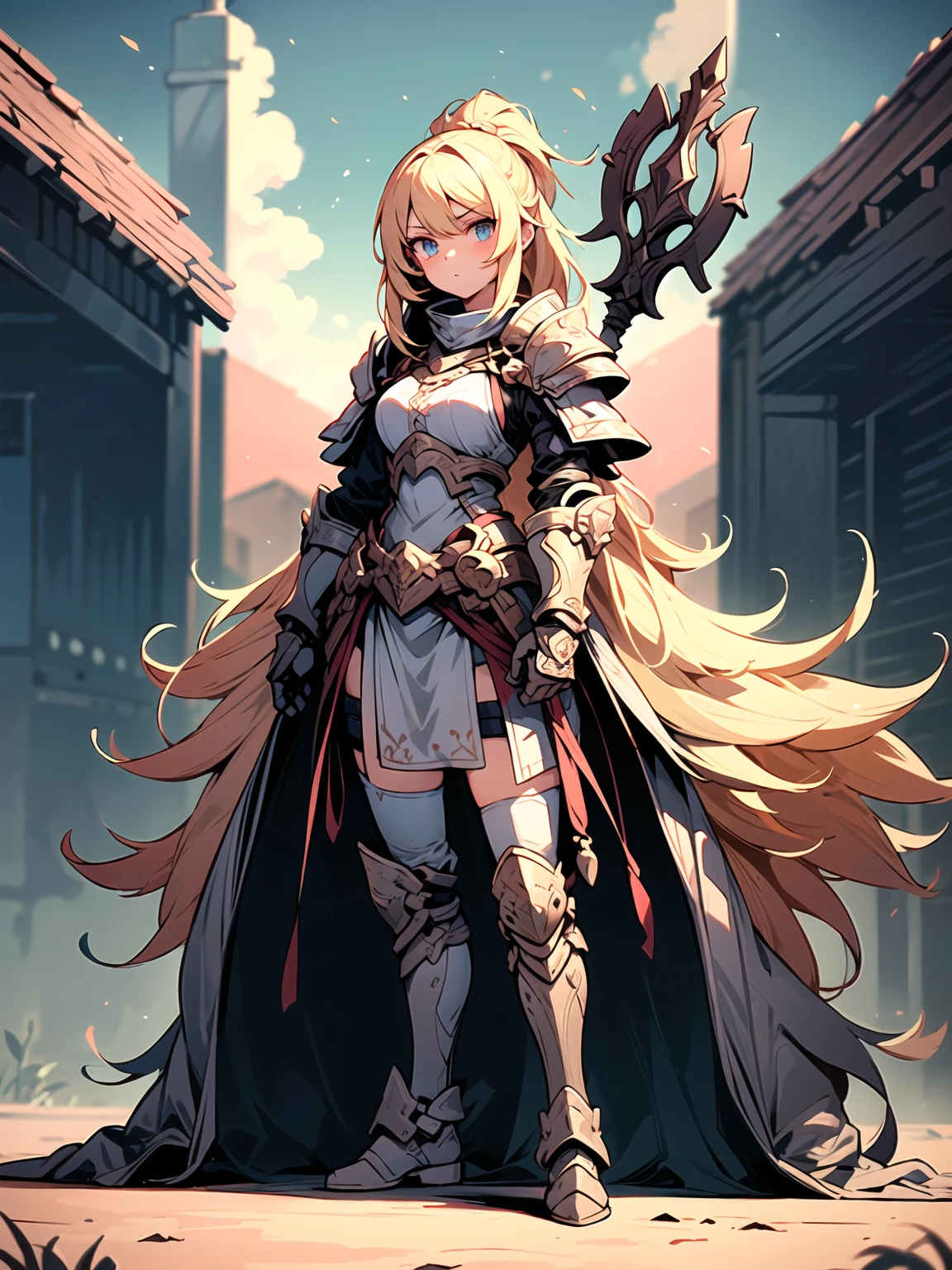 Apenas a [1 woman] , sex, blonde hair, giant chest, (chiselled abdomen), (dark skin), ( armor), inside a castle