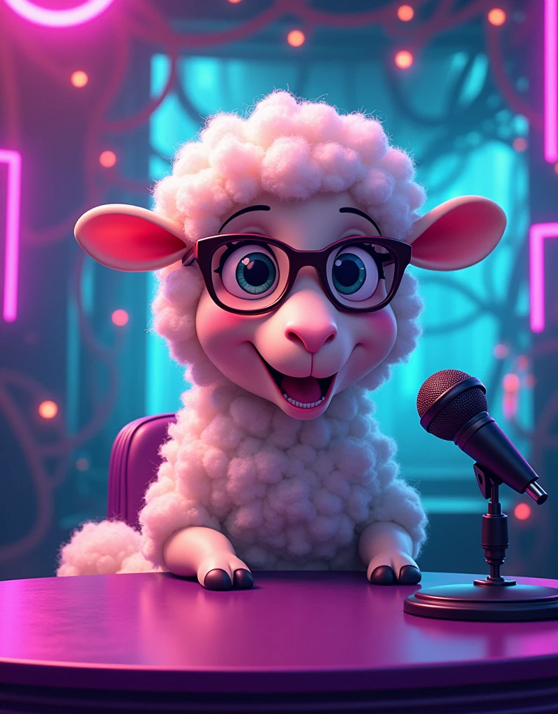 Create a highly detailed and stylized cartoon image of Pop, a sheep with big, expressive eyes and fluffy, exaggerated wool, now giving an interview on the Podcast, wearing a cool dress. Pop is wearing and wears prescription glasses, holding a Podcast microphone. She is behind a table where she is giving an interview on the Podcast. The color palette should primarily use shades of 580ffe (deep purple), 0afc87 (vibrant teal), and 7a17fd (strong violet) for the wool, clothing, and electrical wires glowing with neon lights. The background features a futuristic, high-energy club scene, with glowing cables and electrical currents running through the design, in shades of purple, teal and violet. The atmosphere is vibrant, electric and full of energy, capturing the dual personality of Pop: a Sheep Podcast.