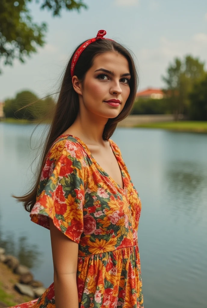 beautiful bald woman, wearing a floral sun dress, dark hair, dress flowing in the warm breeze of a tranquil river 
