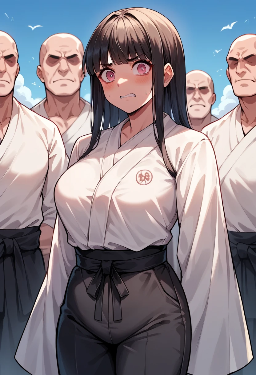 Girl, pink eye, black hair,white robe,black pants,cute,medieval japanese,big tit,black karate belt, pink accessorise on shirt,cool girl, badass, perfect body,thick thigts, straight 2 hair,neutral, mysterious,holding black scythe,scared,embarrassed,  big dicks,gang bang, before gan bang about to be fucked, before gang bang