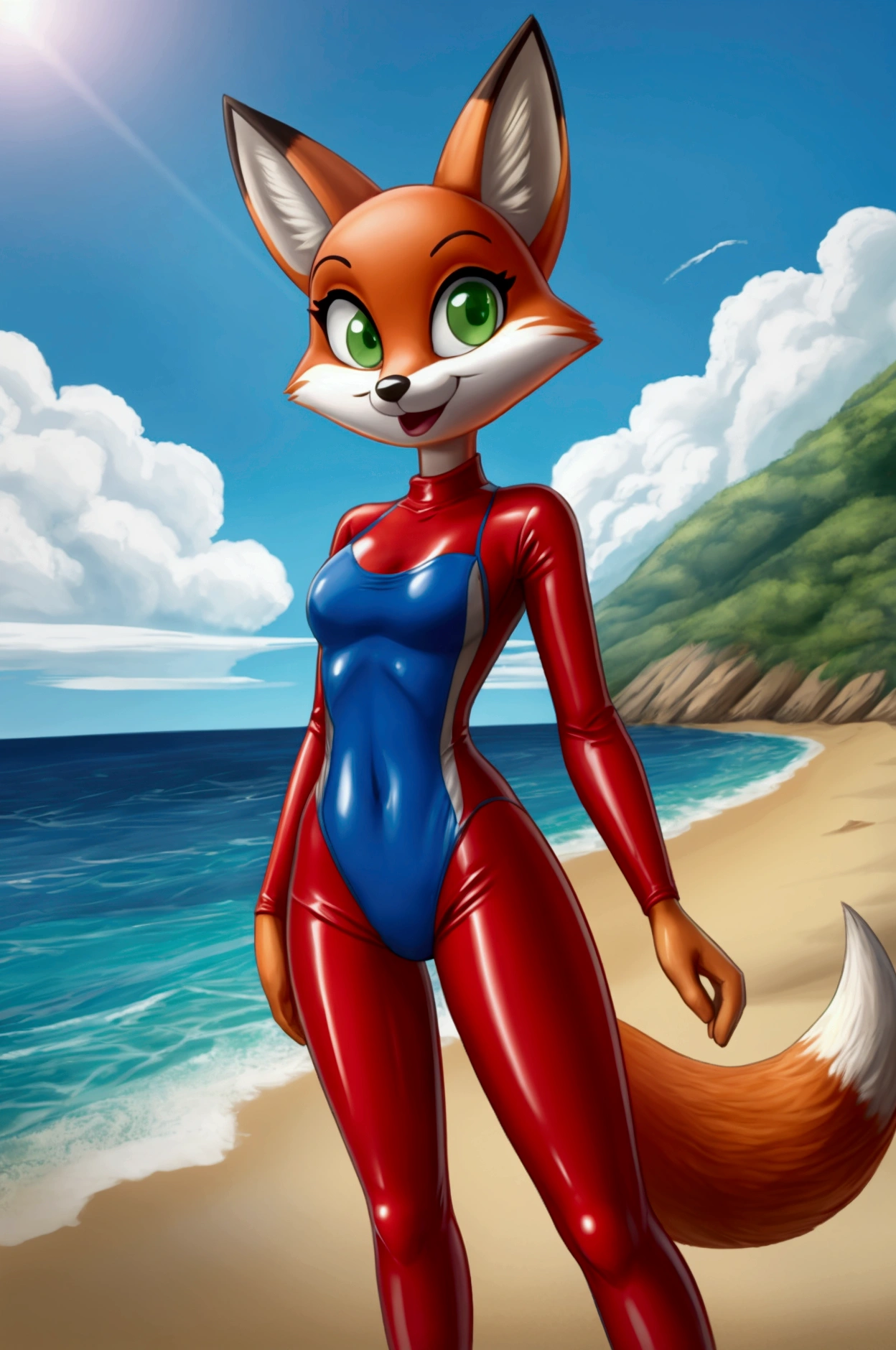 Fox cartoon full length slim in red lycra swimsuit on the beach with happy face green eyes blue lycra pants
