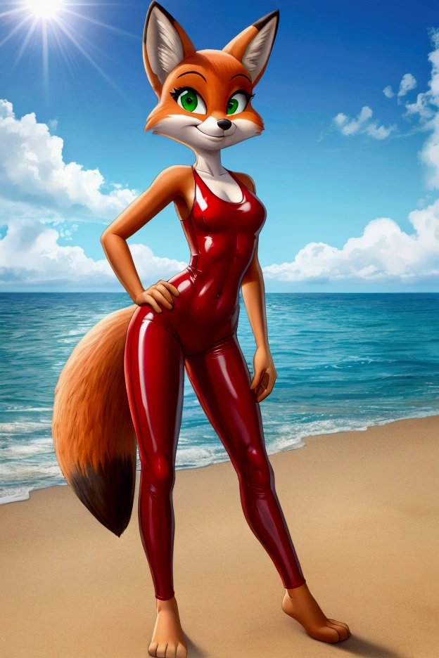 Fox cartoon full length slim in red lycra swimsuit on the beach with happy face green eyes blue lycra pants
