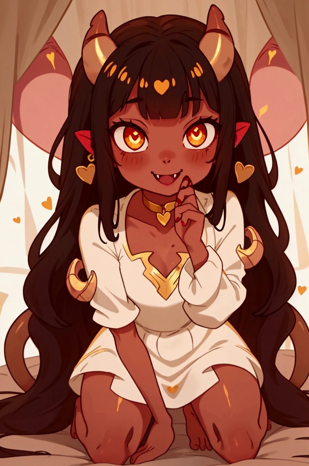 
( tan skin), peach skin, full body, dark black hair, (Brown hazelnut gold eyes,glowing eyes), adorable horns, horns, (demon tail), (heart shaped demon tail), fangs,  bloodlust, bangs, choker, white dress with gold trim, gold heart trim, simple white dress, demon hair bow in hair, gold earrings, evil smile, evil love look, evil eyes, seductive eyes, seductive look, background is a gold castle in hell, devils daughter, barefoot, bare legs, 