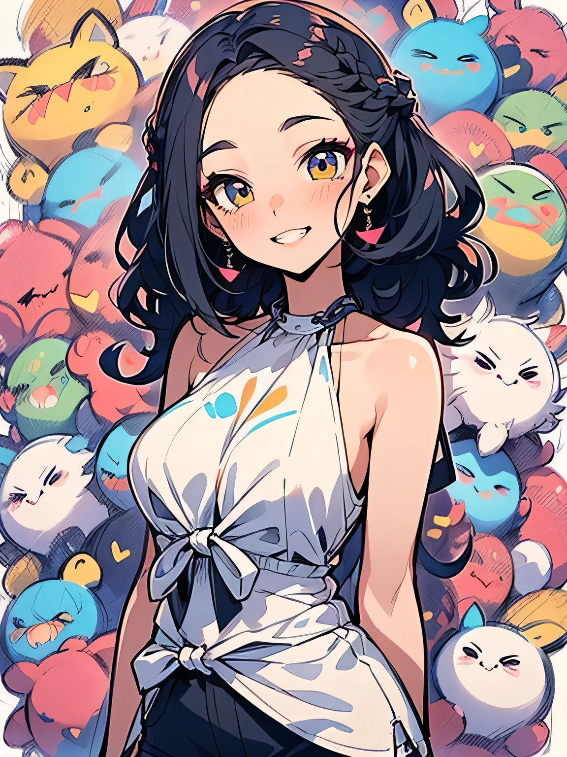 Alone,upperbody,(black color wavy medium half updo),((big forehead,short curly sidebangs)),makeup,pink eyeshadow,eyelash,(rouge sexy lips),grin,offshoulder,White long stole、((halter neck tanktop)),Black stretch shorts、dancer、Beautiful thighs、Fascinating Charisma、Alluring、(manga style),(sketch),(illustration),