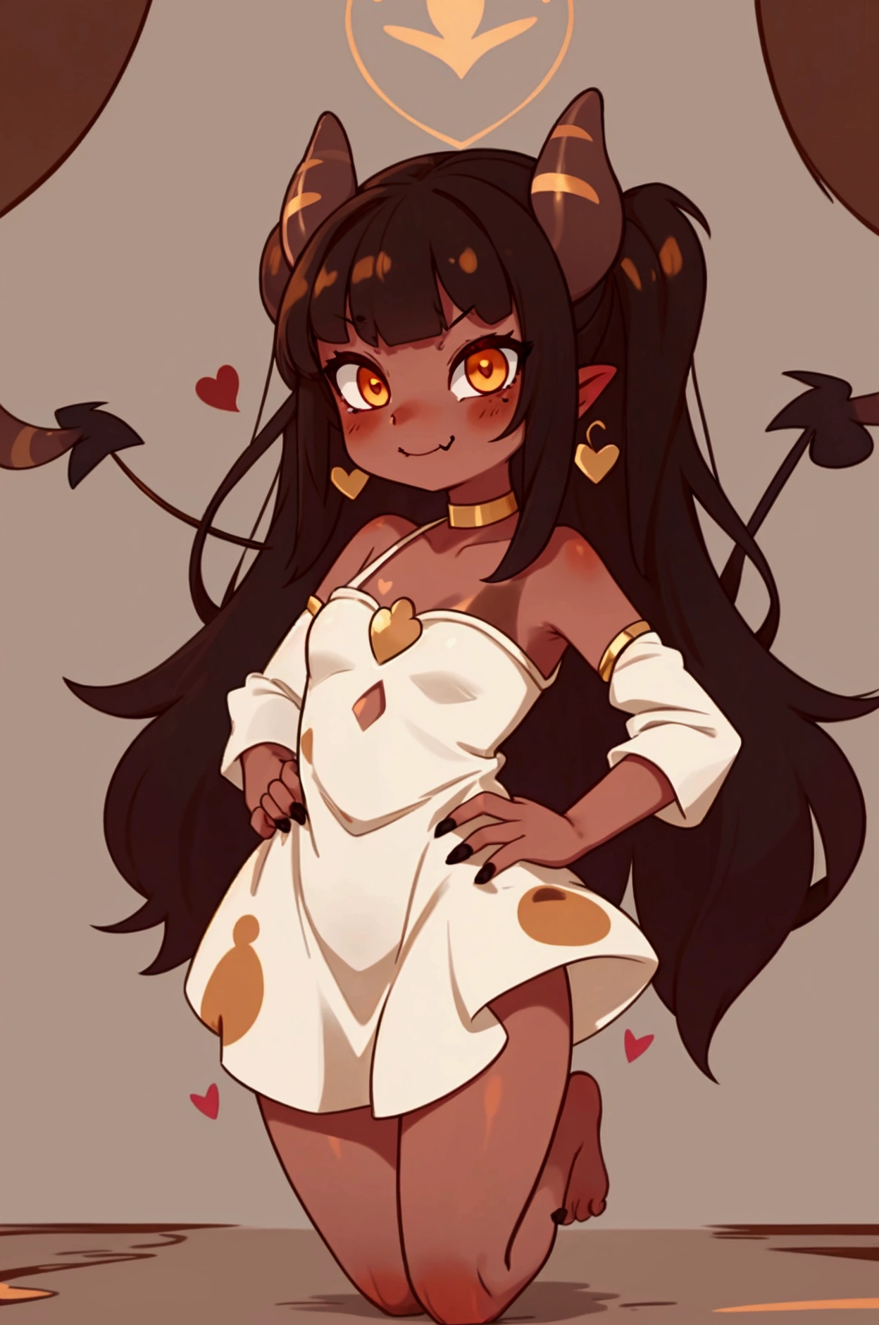 
( tan skin), peach skin, full body, dark black hair, twin tails, (Brown hazelnut gold eyes,glowing eyes), adorable horns, horns, (demon tail), (heart shaped demon tail), buck fangs,  bloodlust, bangs, choker, white dress with gold trim, gold heart trim, simple white dress, demon hair bow in hair, gold earrings, evil smirk, evil love look, evil eyes, seductive eyes, seductive look, background is a gold castle in hell, devils daughter, barefoot, bare legs, adorable toes, adorable feet, 