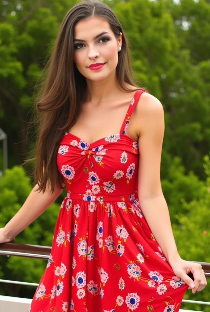 "bald" beautiful woman, wearing a red floral sun dress, dress flowing in the warm breeze of the tropics
