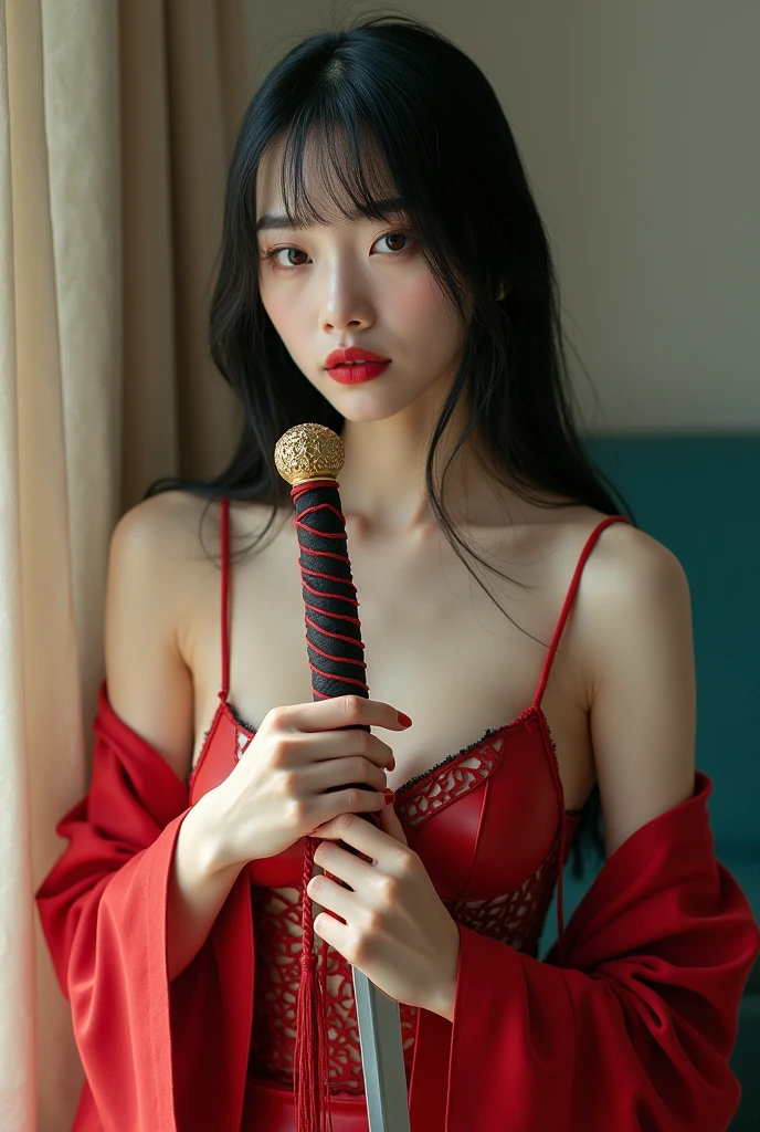 (Shibari, hands behind the back:1.4),half body photo, A detailed face, Clear face, Beautiful Girl, Korean Makeup, Red lips, cabelos preto e longos, Normal body shape, Big breasts, My thighs are wet with water, Light blue lace underwear, The skin is wet and shiny, delighted expression, tie, Tied with red wire, Red wire, Neck Binding, Tying hands, Hands are raised，Tie around the body, Interlaced Bonds, Multiple wires，Tether creates an overall look around the body, The background is office, The wire is digging into my crotch，There are a lot of men around，the body is wet with water，teats，