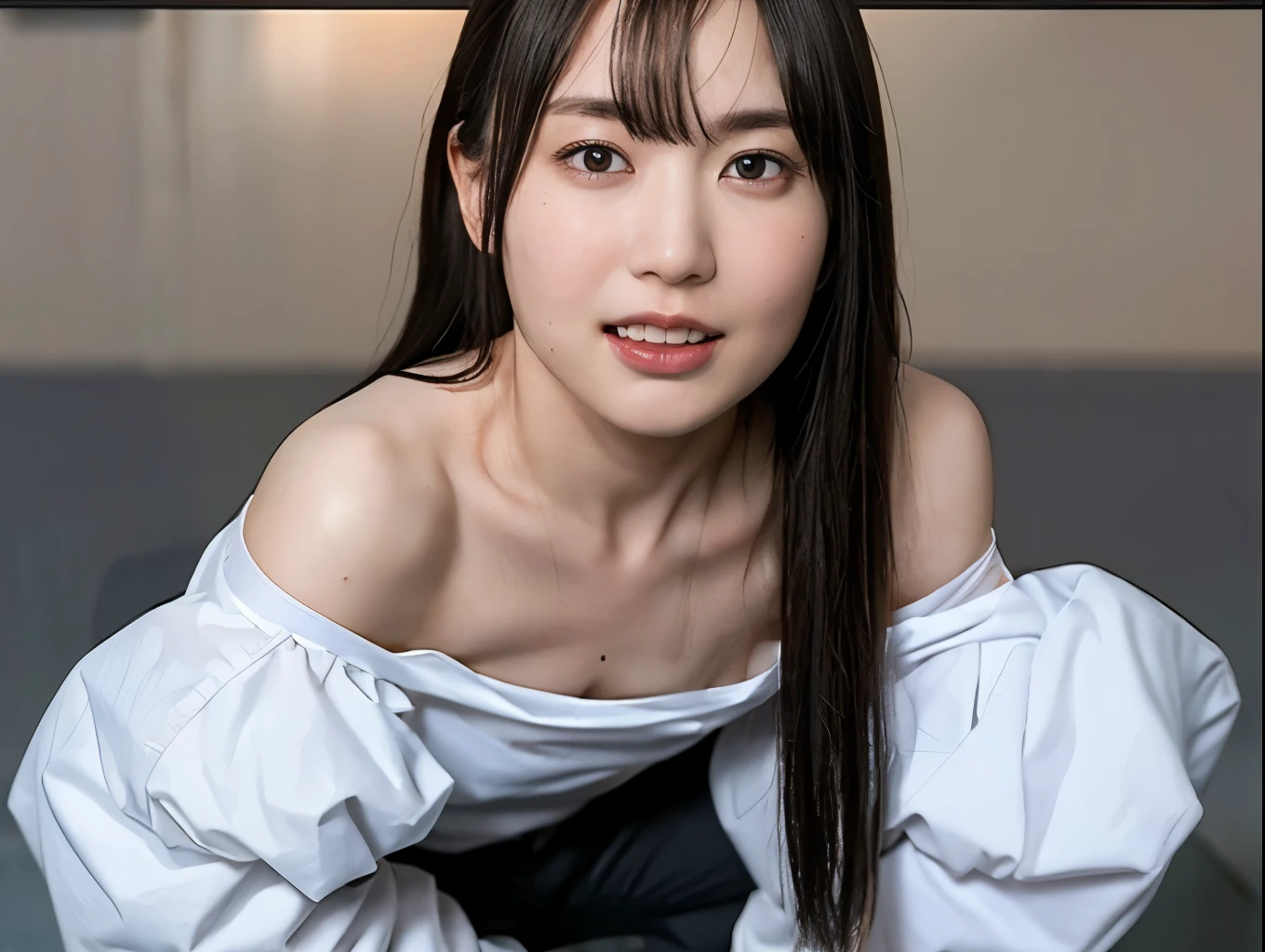 (Ultra HD、Ultra-high resolution、8k)、((Viewer:1.8))、(Extremely realistic skin texture:1.4)、(Realistic:1.3)、(smile:0.4)、20-year-old female、Long Black Hair、(Sweat:1.4)、（Nipples are visible、Showing off nipples、valley）、Sticking out tongue、Drooling,squat pose