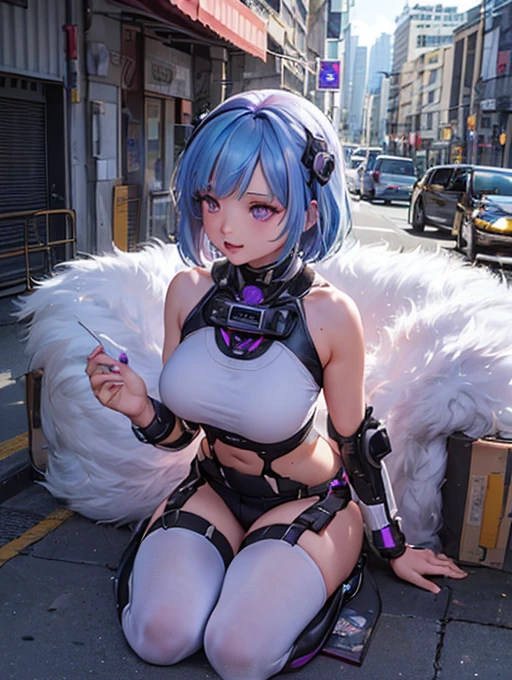 1girl, big eyes, sensual face, seductive smile, solo, short hair, collar, collarbone, red sensual lips, off shoulder, perfect round breast, large breasts, cleavage, underboobs, erotic, glasses, blush, seductive smile, cute face, looking at viewer, sexy pose, light blue hair, sexy pose, blue eyes, lips, closed mouth, ribbon, hair ribbon, stellar earings, bangs, parted bangs, pink ribbon, nose, large areola, big nipple, wearing big head phones, sonico, simple blue background