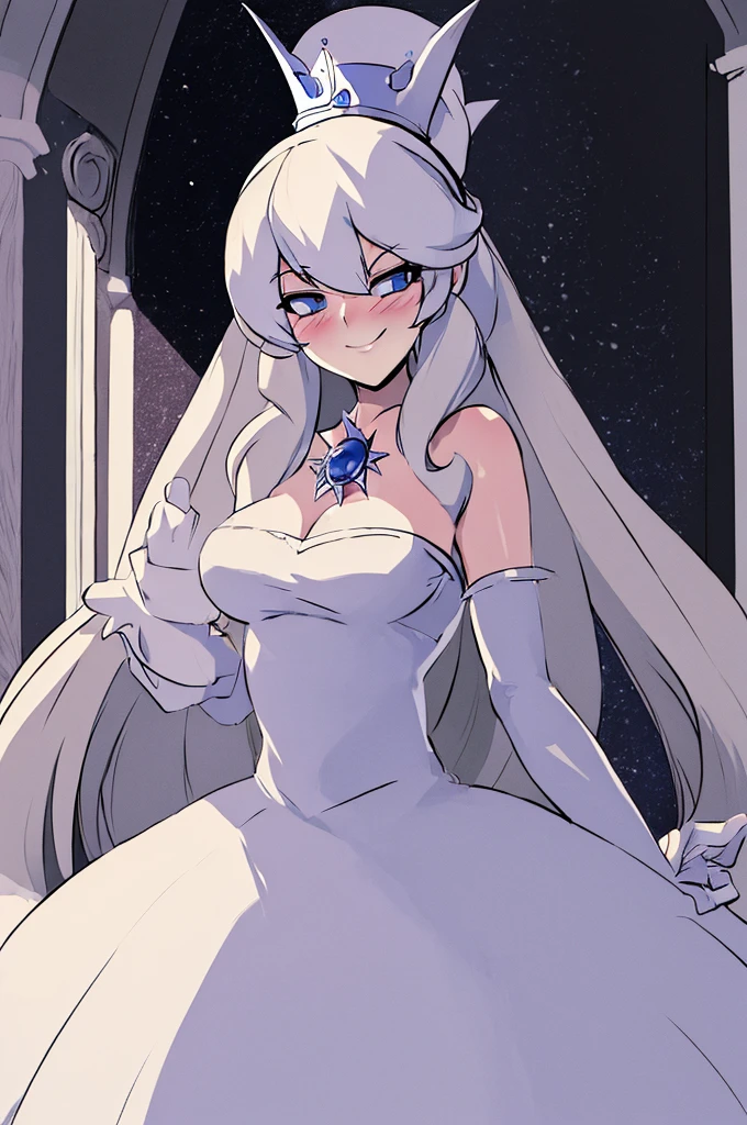 ((masterpiece,best quality)), absurdres, Boosette_Mario, 1girl, long hair, white hair, long white dress, ballroom dress, white gloves,  solo, smiling, blushing, looking at viewer, cowboy shot,  cinematic composition,