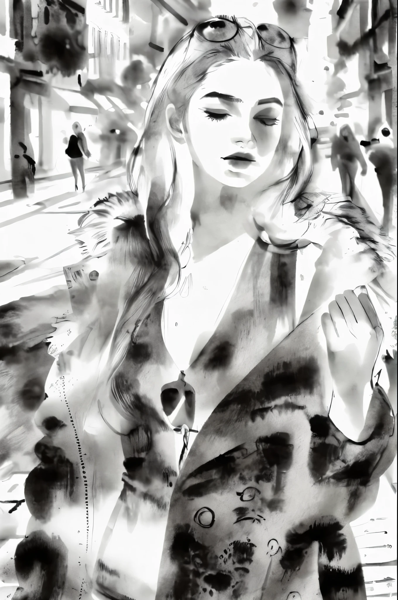 black and white tones, masterpiece, best quality, tradition chinese ink watercolor paintings, use thick and light inks to create light and dark changes and layers, a beautiful 20s russian model, ultra detailed face
