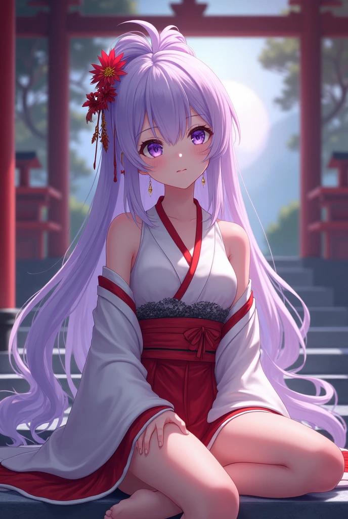 (best quality:1.4), highres, masterpiece,, 1girl,, light purple hair, purple eyes, (kemomimi), medium breasts, bare slim thigh,, hair ornament, (red|white Japanese miko clothes), detached sleeves,, blush,, lantern, shrine,, detailed face,