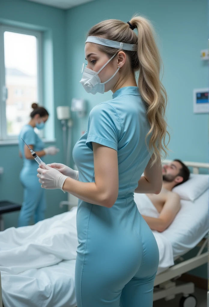 (Highly detailed) Hot young  in tight light blue latex nurse costume，She has wavy blond hair，On the face，(Her butt is bigger:1.8，Her breasts are big:1.7，)High-resolution real photos 8K，She has a fit body，Slim waist，She looks young，Her breasts are big，Her face has beautiful curves，Looks very young and slim，She looks young，She is standing in the hospital，Hands holding a syringe and needle，She has a big ass，Standing next to the bed，Wearing latex surgical gloves，Wearing a ponytail，Wearing a full-coverage pilot oxygen mask and tight-fitting latex hood，She wore a pilot&#39;s oxygen mask covering her face and nose，She is plump，A male patient is lying on the bed，