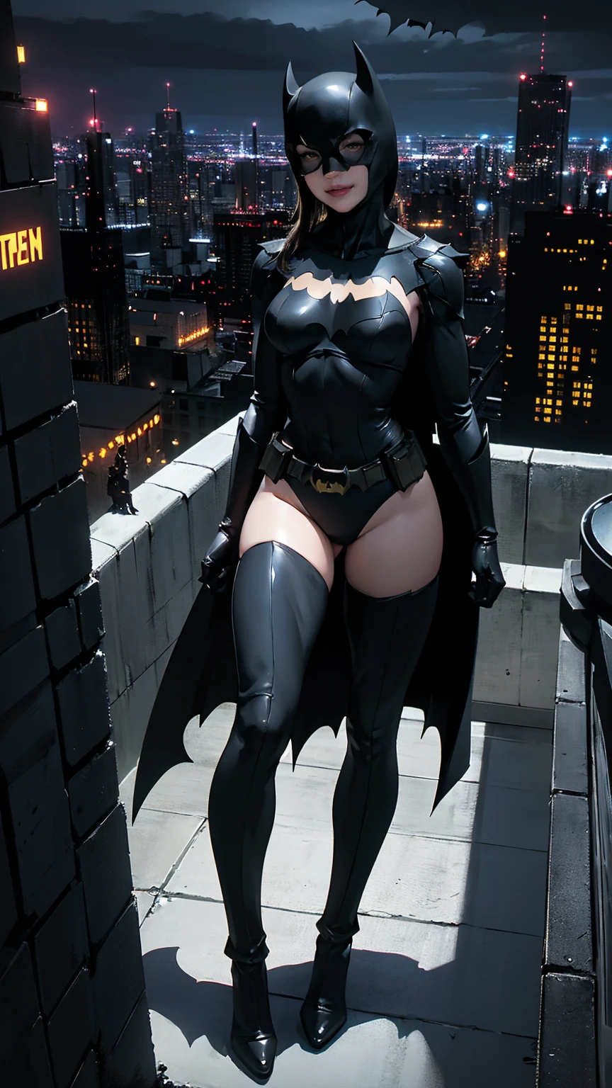 ((masterpiece, Highest quality, High resolution, Realistic, to be born, 16k wallpaper)),（(She spreads her legs sexy and seduces men.:1.5)),Standing in a bikini,Maika Monroe Batgirl, (Standing in Honor　shot）,Facing the camera in a menacing pose, Very hot and sexy, Great beauty, Perfect balance, Beautiful body, Slim body beauty: 1.4), Batman standing on a rooftop overlooking the city skyline at night, Gotham city background, nighttime in Gotham city, Gotham city, From the movie Batman, Gotham city double exposure, Gotham city style, Batman film still, metropolis filmic Gotham city, Cyberpunk Batman, Batman movie stills, Batman movie still cinematic, Gotham setting, Batman, Gotham,
