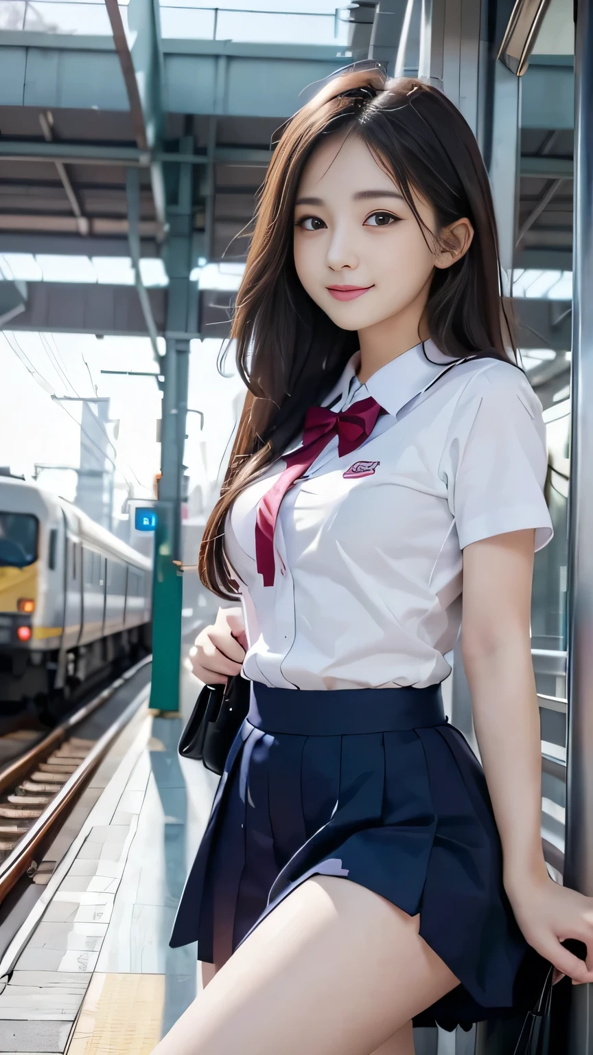 highest quality,super detailed,masterpiece,realistic,Photoreal,bright lighting,1 girl, On the Japan train、very beautiful  girl, (cute:1.2),thin smile, (brown eyes),(brown hair),(bangs),perfect shiny skin,perfect skin,((erotic,sexy and sexually explicit,NSFW)),((Accurate needle with no discomfort)), big and full breasts,big breasts thin waist, look at the audience,((sailor suit)),((short sleeve uniform white shirt)),(red tie),(blue mini pleated skirt),(((lift the skirt yourself,show panties))),panties on,panties focus,((sit with your knees up、(Spread your legs and show off your panties))), socks, (black knee socks),(loafer shoes), daytime,on the train,((Horizontal seat with your back to the window))