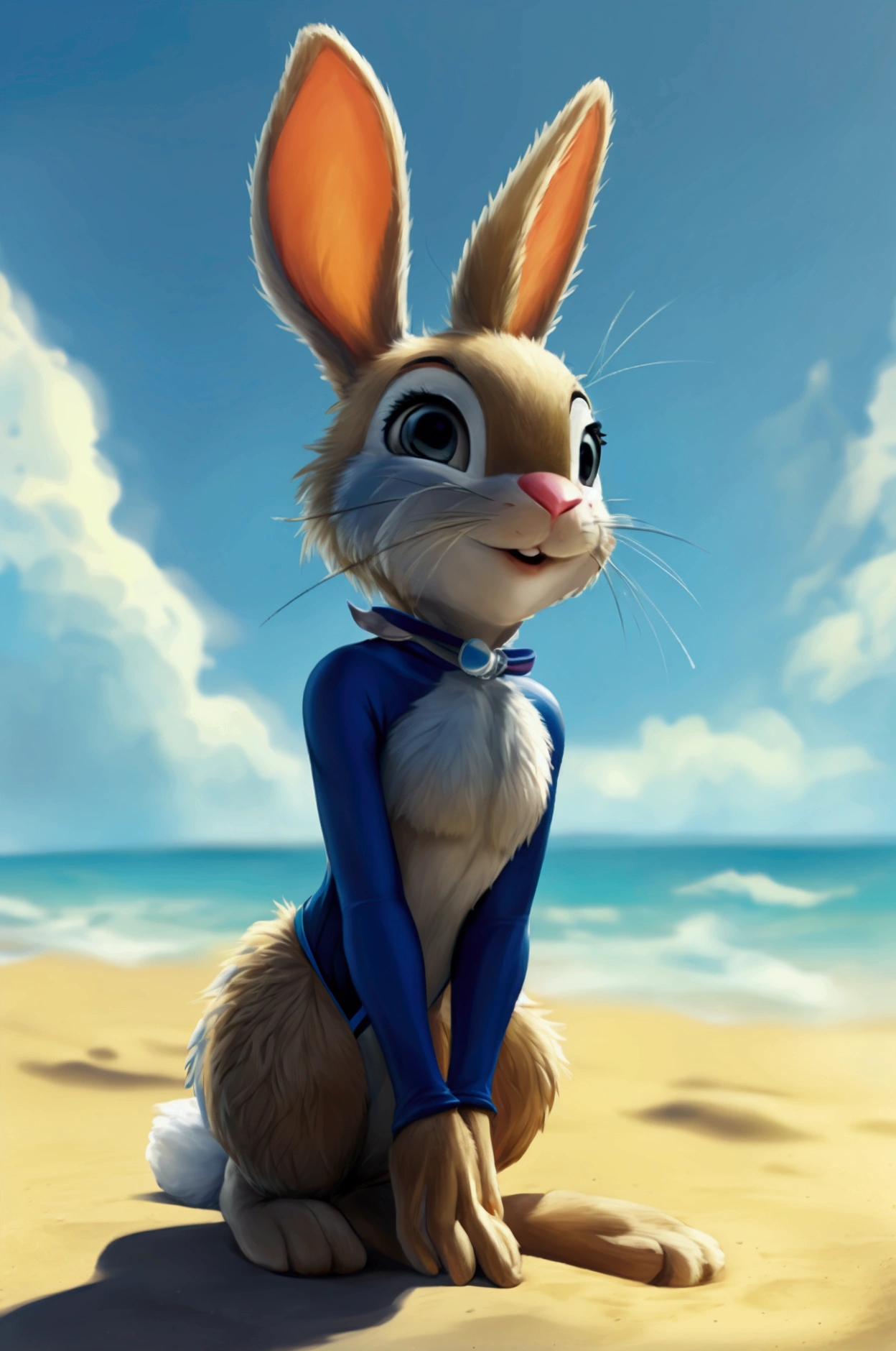 Full length cartoon rabbit slim in blue lycra thong on the beach with happy face